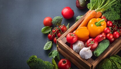 Healthy food background. Concept of healthy food, fresh vegetables in box on a dark background. Generated image