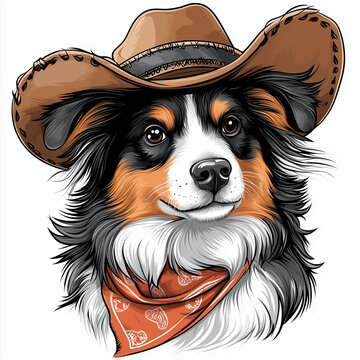 recommend clip art: Shetland Sheepdog dog head wearing a cowboy hat and bandana illustration