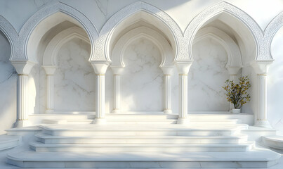 Fototapeta premium White marble archway stairs, sunlit, interior, product display