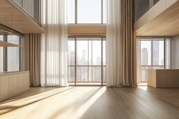 Obraz premium Modern Minimalist Interior with Large Windows Offering City Views and Natural Lighting in a Spacious Open-Concept Living Area with Elegant Design Elements