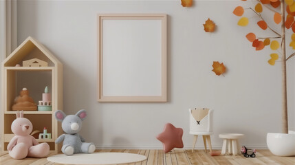 Playroom for kids with empty poster frame on the wall, version 1