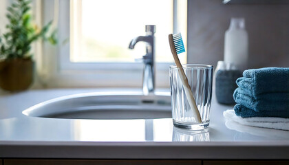 Serene bathroom scene: a bamboo toothbrush in a glass, neatly folded towels, and a modern sink. Perfect for clean living, health, and hygiene concepts. Ideal for websites, blogs, and magazines.