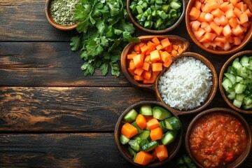 Rustic wooden table adorned with fresh herbs, bowls of rice, and steamed vegetables for a simple and healthy dinner
