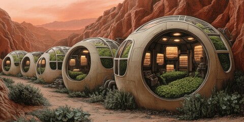 Futuristic Mars Colonization Concept with Spherical Living Pods and Greenhouse Interiors in Red Planet Canyon Landscape Featuring Sustainable Habitat Designs