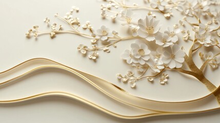 Elegant paper art tree blossoms, gold, white, waves, background, decor