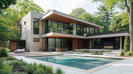 Fototapeta premium Modern luxury home with pool, stone facade, large windows, and landscaped yard.