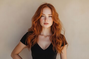 Naklejka premium Confident woman in black dress with red hair against beige background