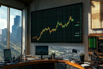 Modern Office Interior with Large Digital Screen Displaying Financial Data and Chart Trends Overlooking a Cityscape with Natural Light