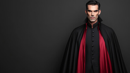 Fototapeta premium Count Dracula stands in his grand hall wearing a flowing cape and a sharp look, embodying the essence of a timeless vampire