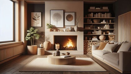 Fototapeta premium Cozy living room, warm fireplace, cream sofa, wooden coffee table, bookshelves, framed artwork, stacked firewood, soft lighting, rustic modern decor, earth tones, intimate atmosphere, hygge interior, 