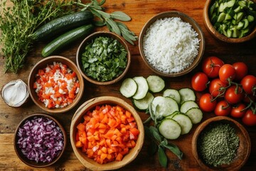 Rustic wooden table adorned with fresh herbs, bowls of rice, and steamed vegetables for a simple and healthy dinner