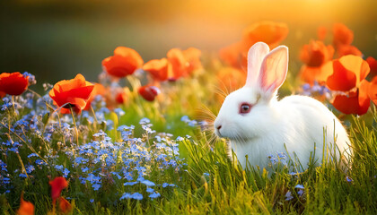 Fototapeta premium Adorable white rabbit nestled in a vibrant field of red poppies and blue forget-me-nots.
