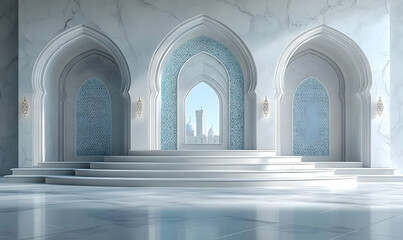 Fototapeta premium Marble Mosque Interior, City View, Sunlight, Steps, Display