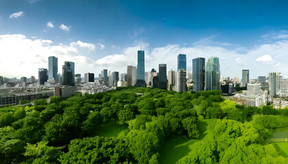 Fototapeta premium Stunning aerial view of a vibrant city skyline nestled amidst a lush green park. Perfect for illustrating concepts of urban planning, sustainability, or environmental harmony.