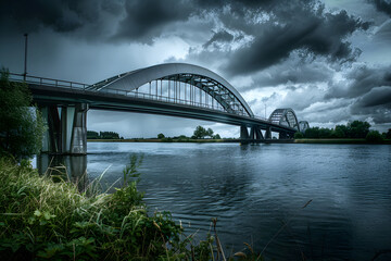 Obraz premium Architectural Brilliance captured in the Imposing IJssel Bridge, Zwolle, the Netherlands in a Cloudy Mood