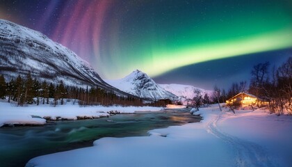 Spectacular Northern Lights Illuminating Snowy Mountains and Serene Water in Norway During Winter Night