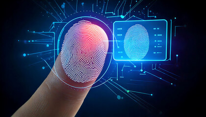 Stunning futuristic image of a finger scanning a digital fingerprint.  Perfect for illustrating concepts of security, identity, technology, and authentication.
