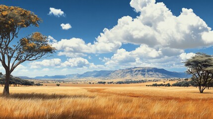 Sunny African savanna landscape with tall grass, acacia trees, and mountains under a partly cloudy sky.