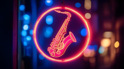 Obraz premium Neon Saxophone Sign Illuminates Nighttime Cityscape