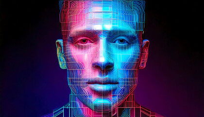 Striking portrait of a stylized human face, rendered in vibrant pink and blue neon wireframe.  Perfect for tech, AI, or futuristic concepts.
