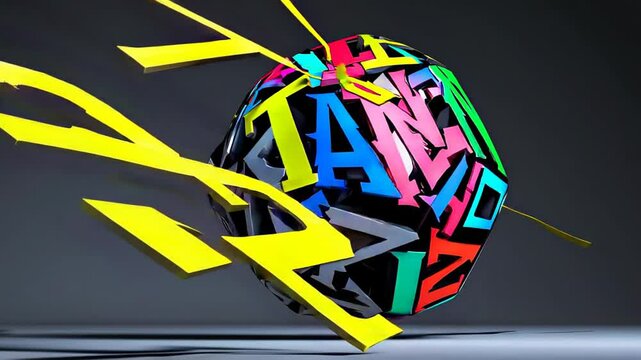 Colorful 3D sphere of interlocking shapes, with fragments breaking apart