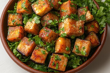 Roasted Eggplant Cubes with Fresh Parsley Garnish in a Rustic Bowl