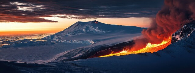 An awe-inspiring view of the lava flowing from Mount Erebus into the sea ice of Ross Island, Antarctica, Volcanic scene