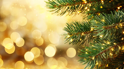 Close up of pine tree branch with golden lights and bokeh effect