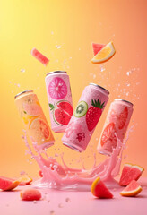 "Fruity Fizz: A Burst of Refreshment Against a Sunset Sky"