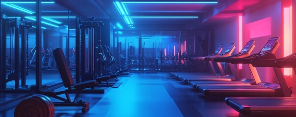 Empty gym with neon lights illuminating modern equipment