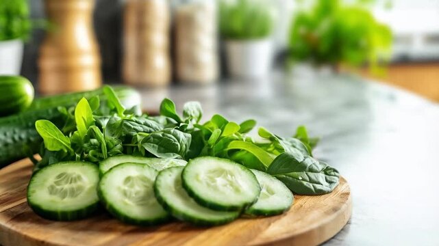 Fresh Cucumbers and Spinach on Wooden Board