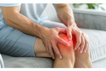 Fototapeta premium A man sitting on a sofa is grimacing while holding his knee with both hands, indicating discomfort. The scene captures a moment of struggle with a common injury. 