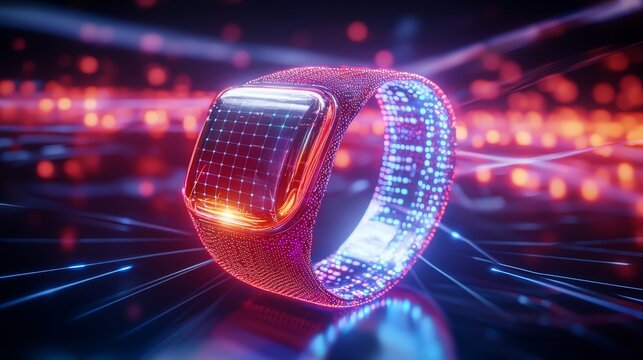 Elegant ad template, wearable tracker against high-tech background, room for branding and product features, sleek and innovative style