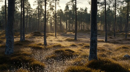 Obraz premium Serene Forest Landscape at Sunrise with Soft Light Illuminating Lush Green Moss and Delicate Cotton Grass in a Tranquil Natural Setting