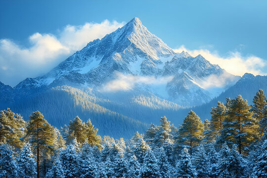 Majestic snow-capped mountain peak rising above a tranquil winter forest landscape