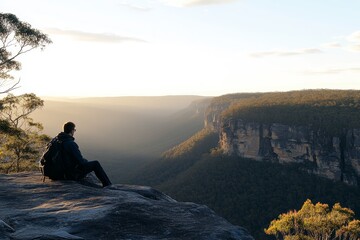 Serene Landscape Viewpoint with Hiker at Sunset Overlooking Majestic Mountains and Lush Valley in Australia, Capturing Nature's Beauty and Tranquility