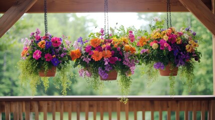 Fototapeta premium A wooden archway decorated with hanging pots filled with vibrant flowers.