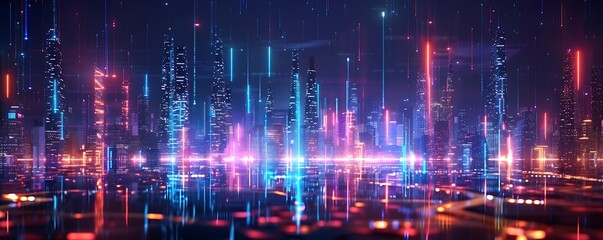 Futuristic cityscape at night with vibrant neon lights and digital data streams.