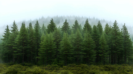 Misty Forest Landscape with Fog Enveloping Tall Evergreen Trees