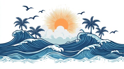 Tropical Ocean Waves Sunrise Seascape Illustration