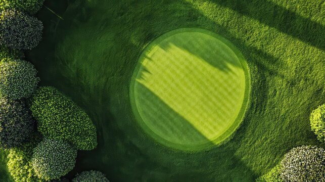 Aerial view of a lush green golf course putting green, surrounded by manicured shrubs. Perfect for websites, brochures, or presentations related to golf, leisure, or nature.