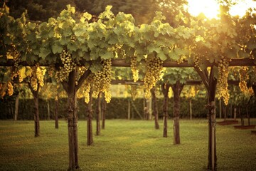 Serene Vineyard Landscape at Sunset with Lush Green Grapevines and Golden Grapes Hanging from Rustic Wooden Arbors in a Peaceful Countryside Setting