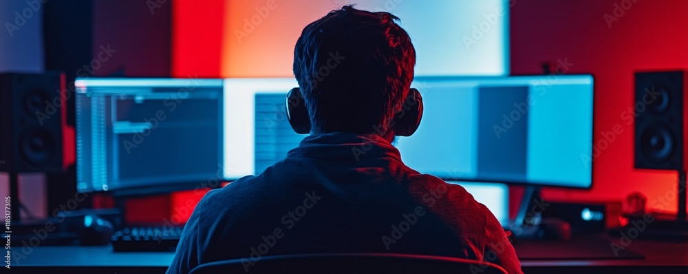Poster Software developer working with headphones and two monitors in a dark room