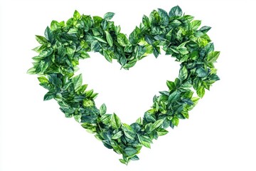 Lush green leaves arranged in heart shape, isolated on white. Perfect for eco-friendly, love, or nature themed projects, adding a touch of freshness.