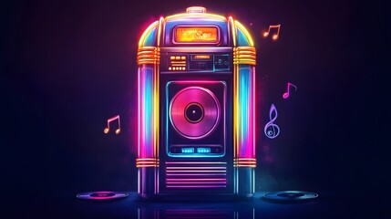 Naklejka premium Neon Retro Jukebox Music Player with Records
