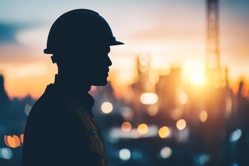 Silhouette of a Construction Worker in Hard Hat Against a Colorful Sunset Over a Busy Urban Skyline Highlighting the Vital Role of Labor in City Development