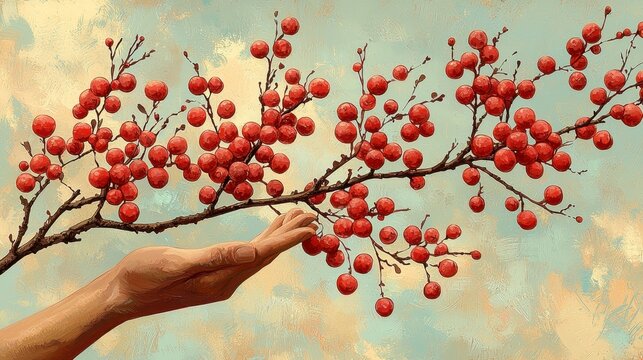 Hand reaching for red berries on a branch against a sky.