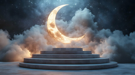 Crescent moon, steps, clouds, night, sky, product display