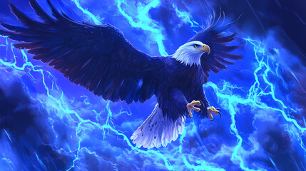 Colorful eagle in a dynamic pose with blue lightning background. Thundertide. Illustration