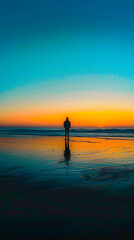 Solitary Reflections: Embracing Individuality amidst Nature's Vastness at Sunset on a Serene Beach